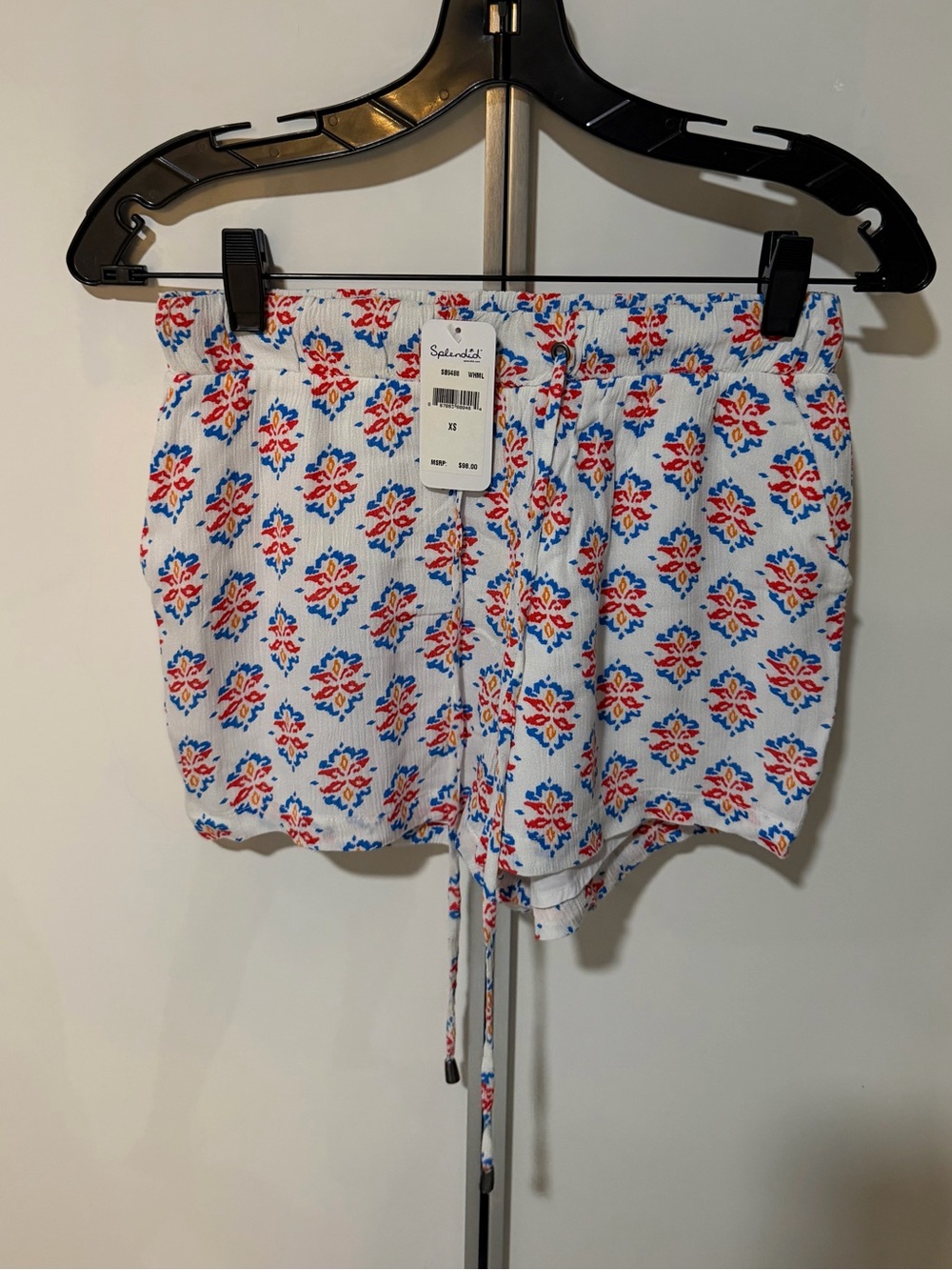 Splendid White Floral Print Drawstring Athletic Shorts with Red & Blue Motif